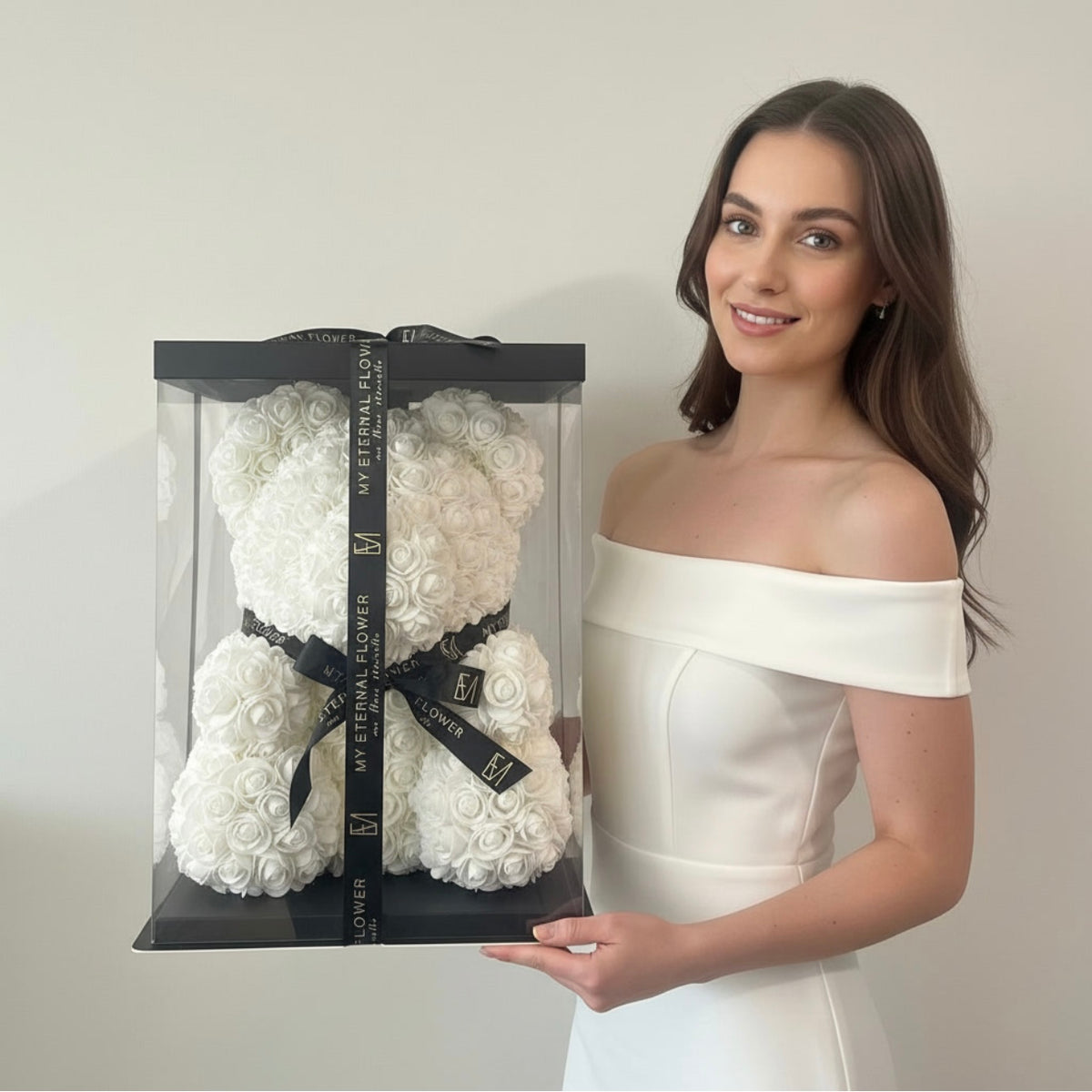 Luxe Rose Bear 40cm in White (Free Clear Gift Box)