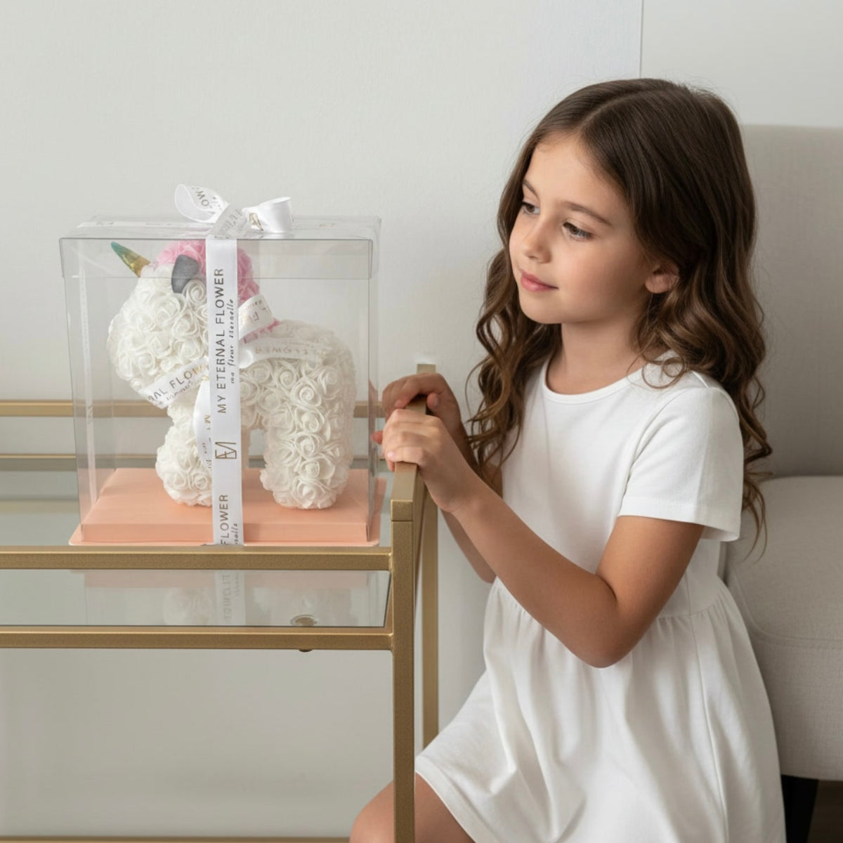 Mini White Unicorn Rose Bear