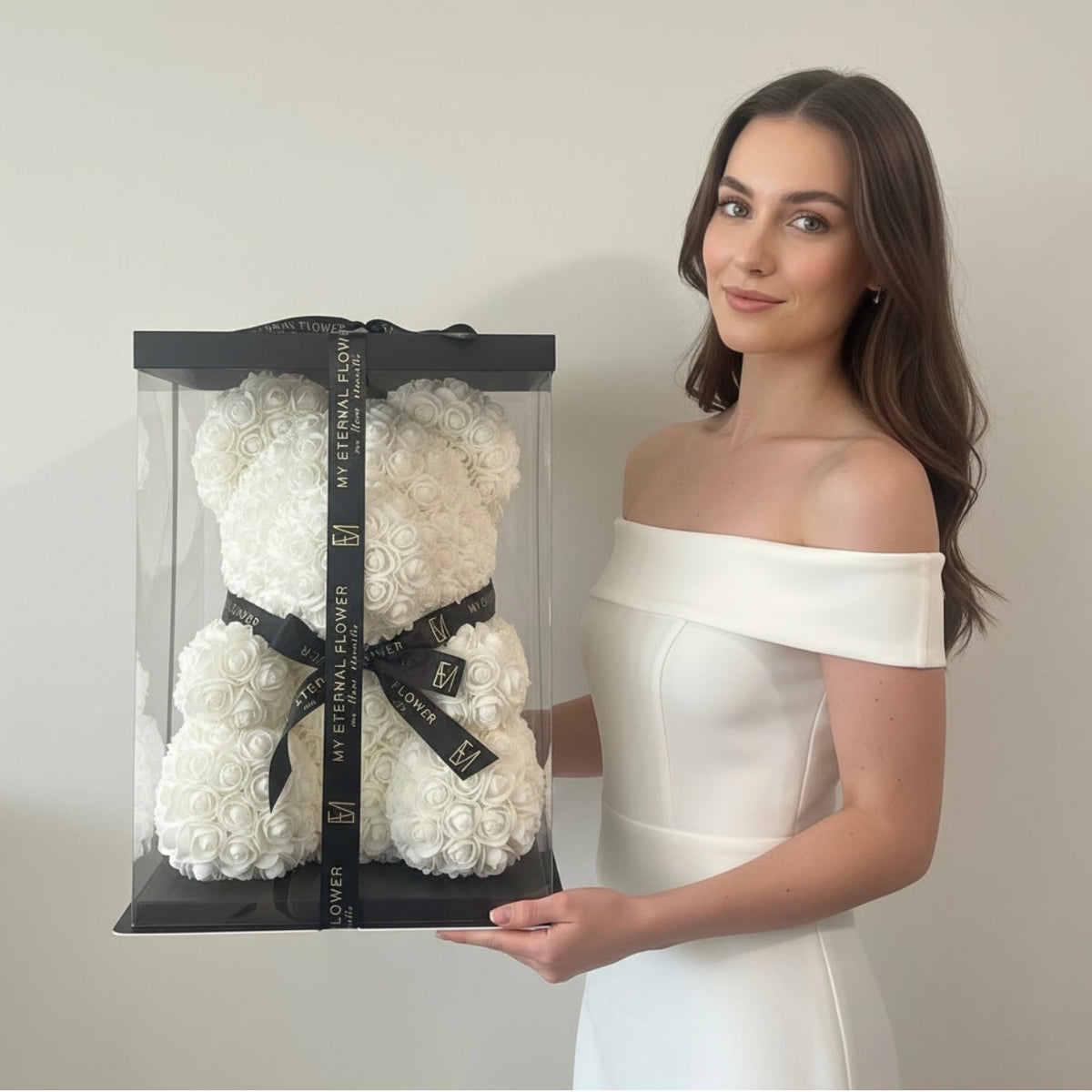 Luxe Rose Bear 40cm in White (Free Clear Gift Box)