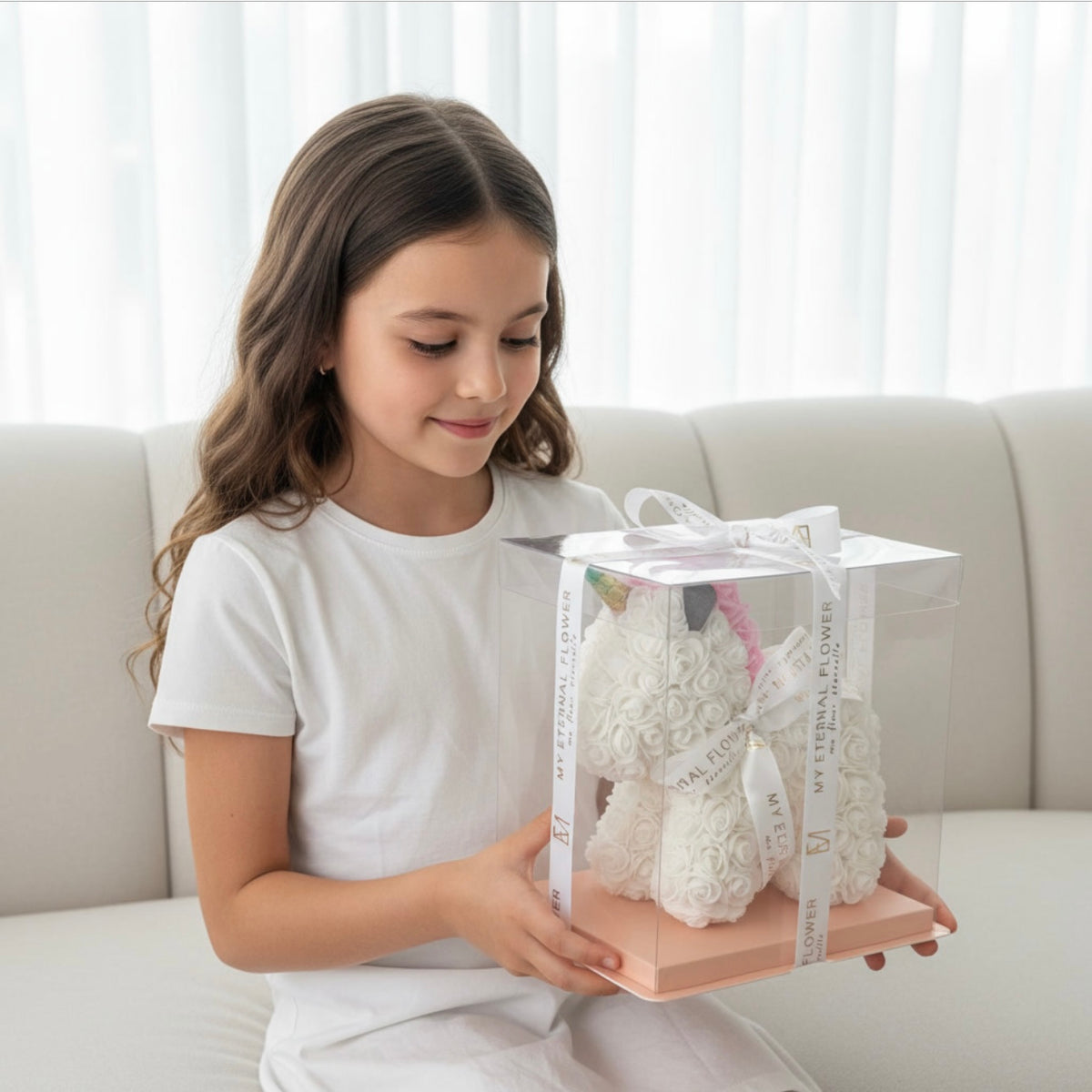 Mini White Unicorn Rose Bear