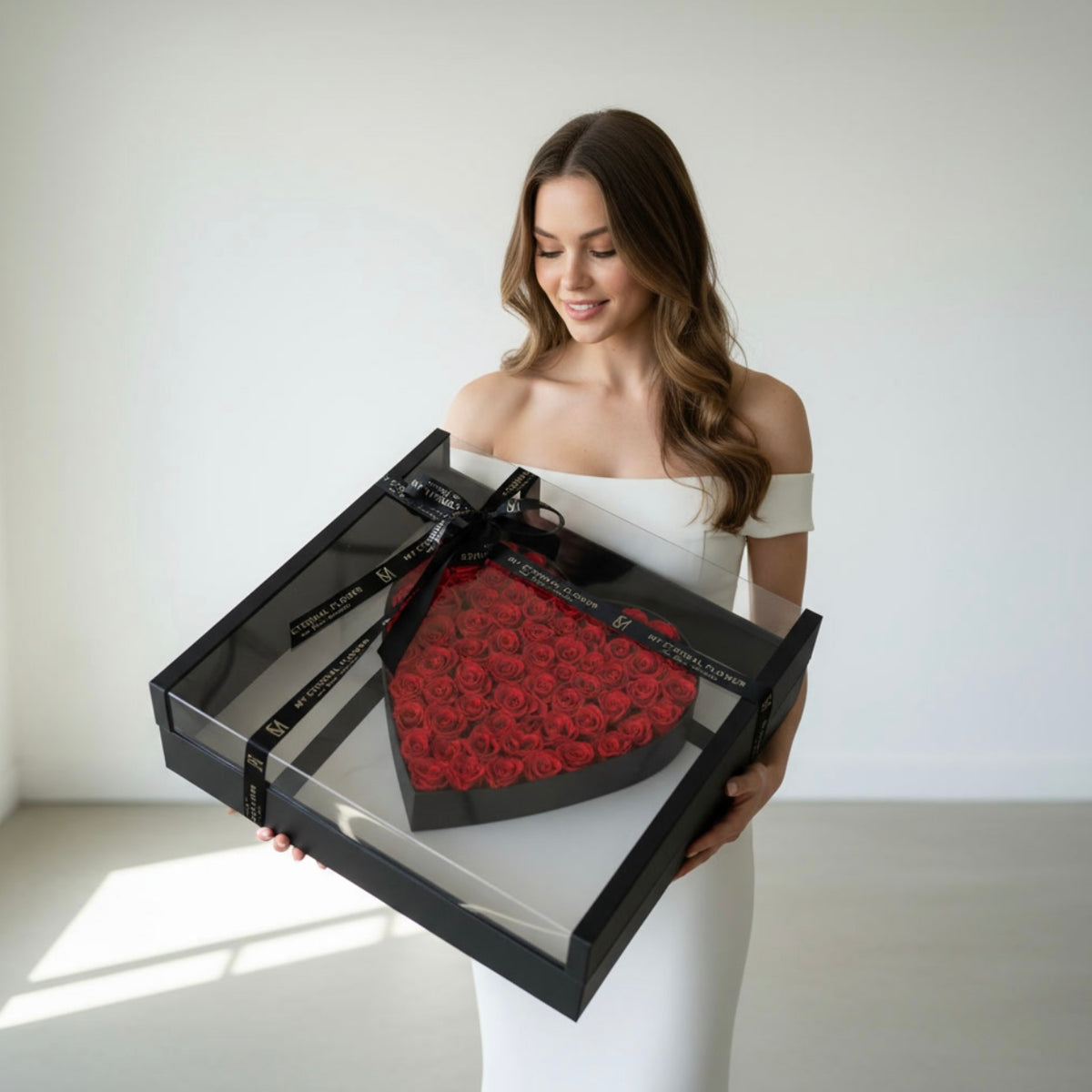 Acrylic Floating Heart Box in Grande (55+ Roses)